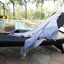 Blue and white striped Turkish cotton towel with fringe from Diamonds and Dots Turkish Beach Towel collection