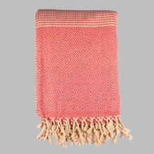 Coral red Turkish cotton towel with diamond dots pattern and tasseled edges