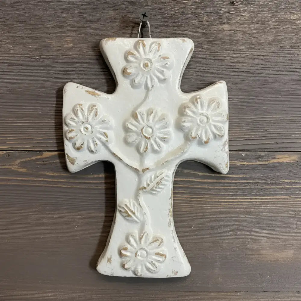 Distressed white daisy wall clay cross, handmade in Mexico