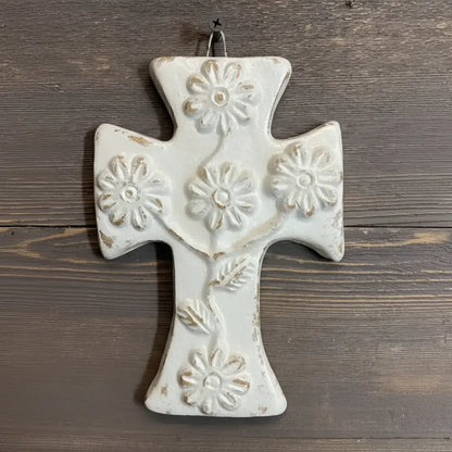Distressed white daisy wall clay cross, handmade in Mexico