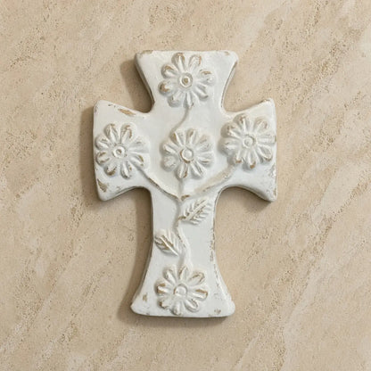 Distressed white daisy wall clay cross with embossed floral and leaf patterns handmade in mexico for wall decor