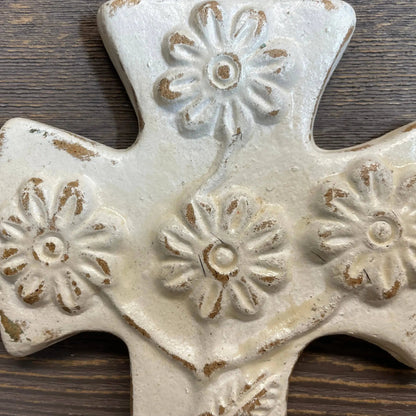 Handmade daisy white ceramic wall cross with floral designs