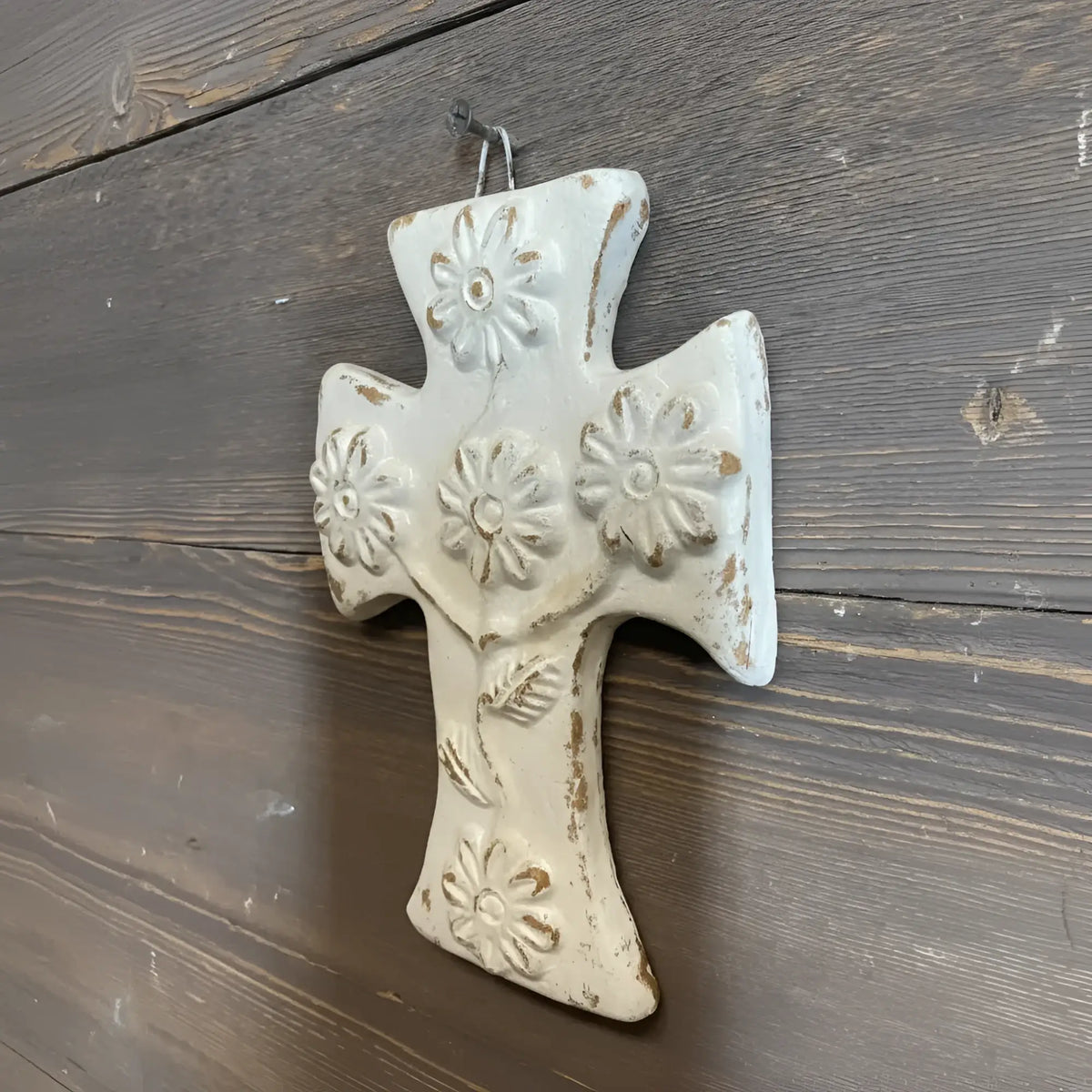 Distressed white daisy wall clay cross, handmade in Mexico
