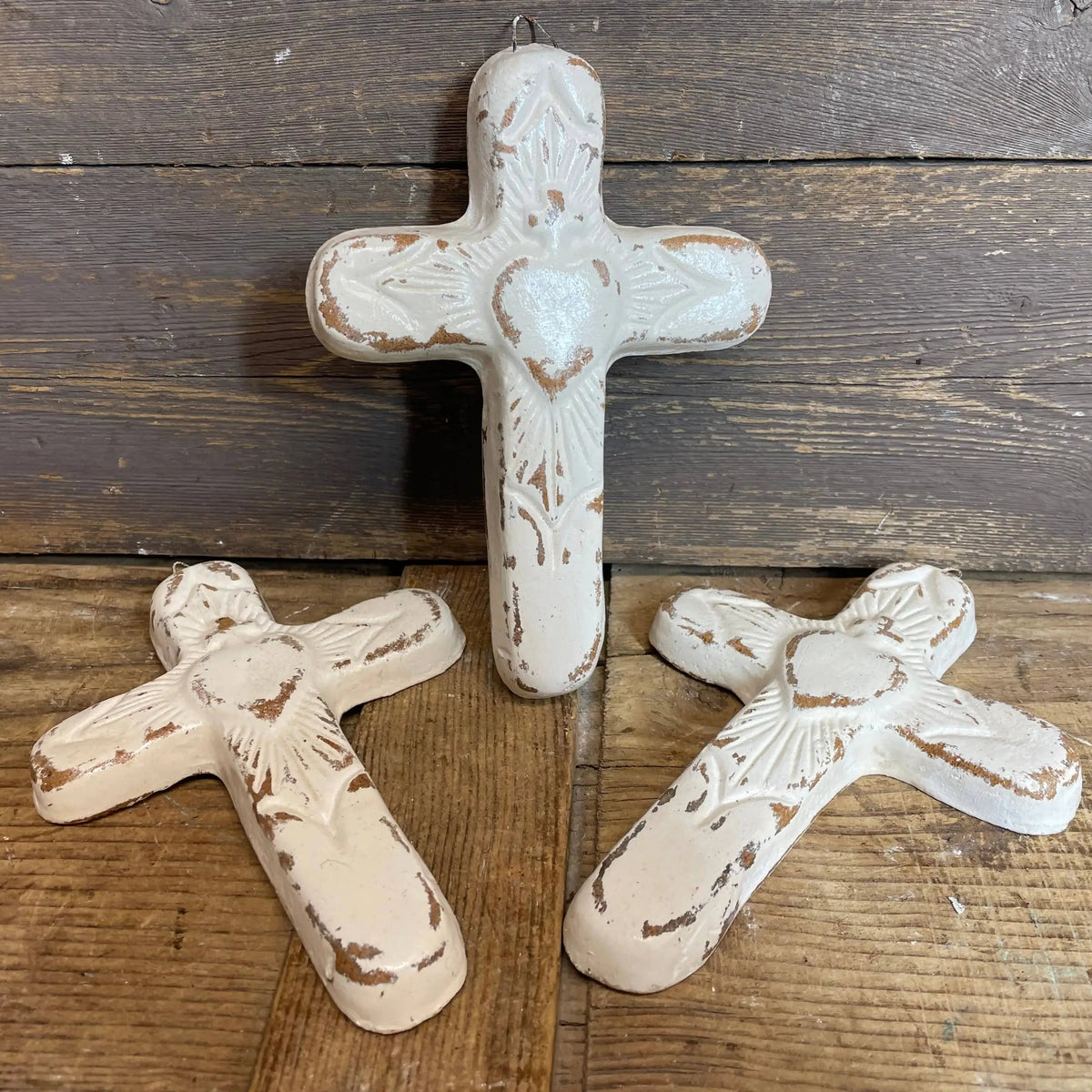 Rustic white distressed clay Zocalo cross, handmade 5x7.5in wall art