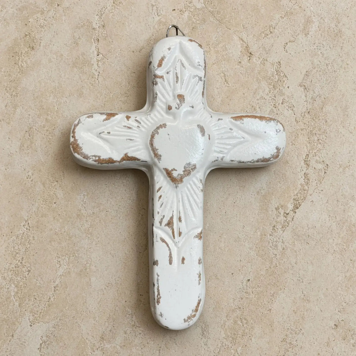 White beautifully distressed wall clay cross with heart design handmade from zocalo clay in mexico