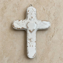 White beautifully distressed wall clay cross with heart design handmade from zocalo clay in mexico