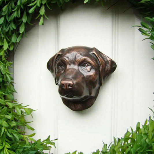 Bronze dog head sculpture on a white wall with greenery
