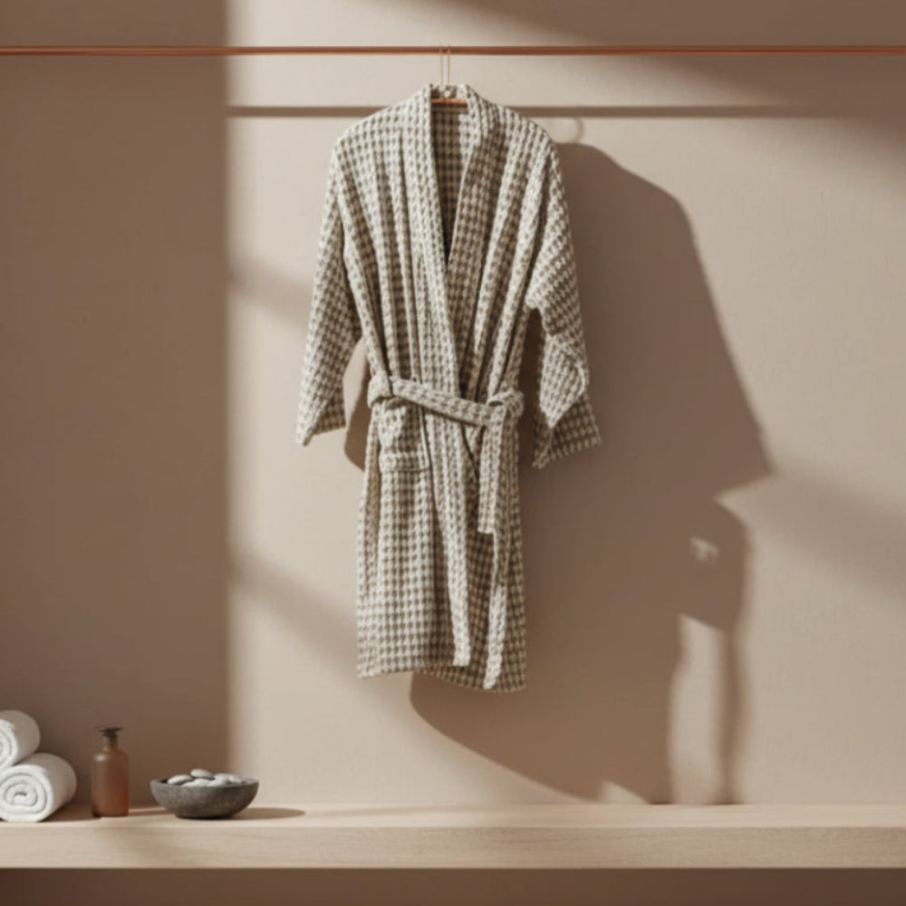 Cozy handmade beige houndstooth cotton robe with belt