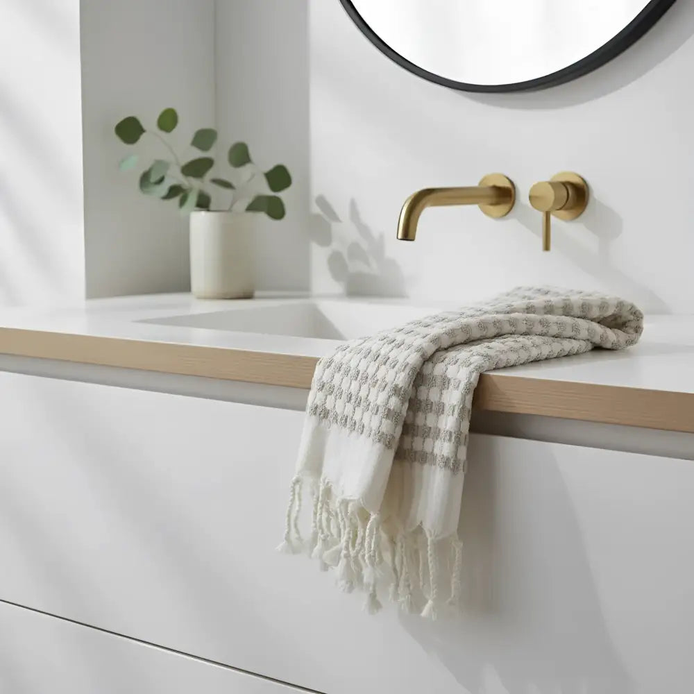 A soft off-white dotted turkish terry hand loomed bath towel with gray checks and fringed edges on a bathroom countertop