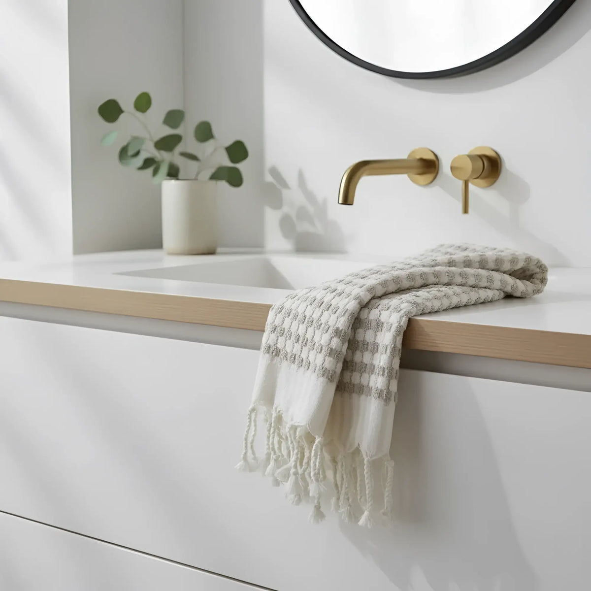 A soft off-white dotted turkish terry hand loomed bath towel with gray checks and fringed edges on a bathroom countertop