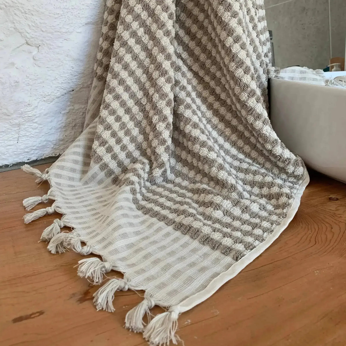 Gray and white dotted Turkish Terry hand loomed bath towel with tassels