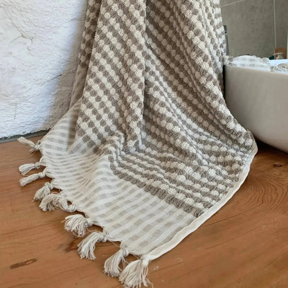Gray and white dotted Turkish Terry hand loomed bath towel with tassels