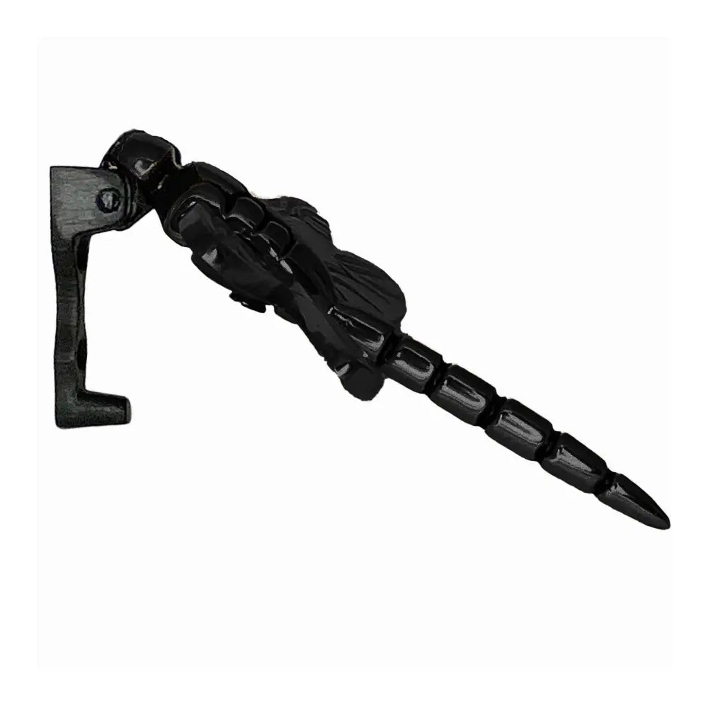 Black metal door knocker with a handle and pointed end on a white background