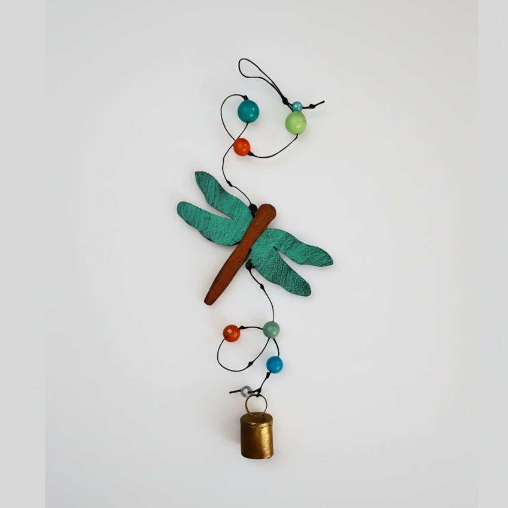 Teal and brown dragonfly wind chime with colorful beads and golden bell perfect for arizona spring summer garden patio