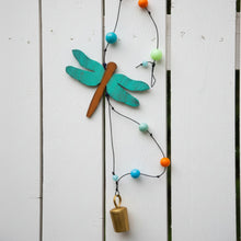 Teal and brown wooden dragonfly wind chime pendant necklace with colorful beads for arizona spring summer patio