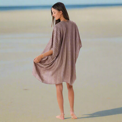 Woman in lightweight Driftwood Tribal Kimono Cover Up on the beach