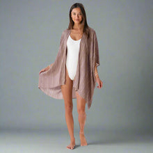 Woman in lightweight Driftwood Tribal Kimono Cover Up over white swimsuit outdoors
