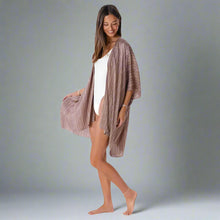 Lightweight driftwood tribal kimono cover-up with sheer long sleeves and vertical stripes