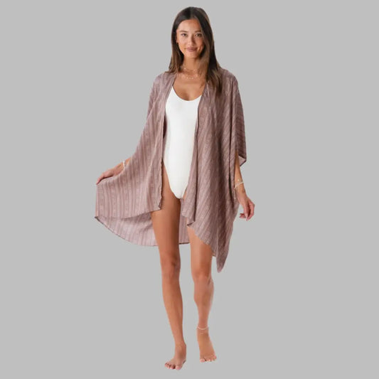 Kimono style cover up in a brown tribal design.