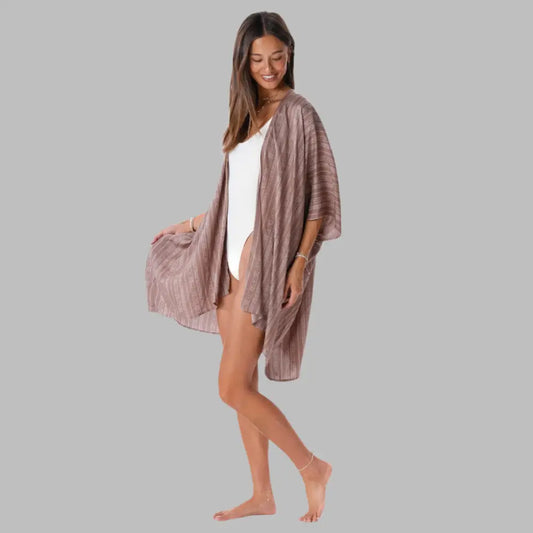 Kimono style cover up in a brown tribal design.