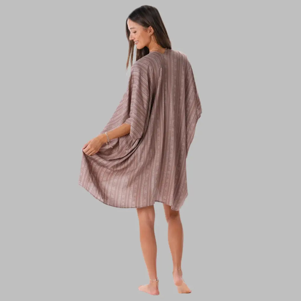 Kimono style cover up in a brown tribal design.