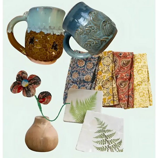 Collage of ceramic mugs, a vase with a flower, and decorative towels on a light background