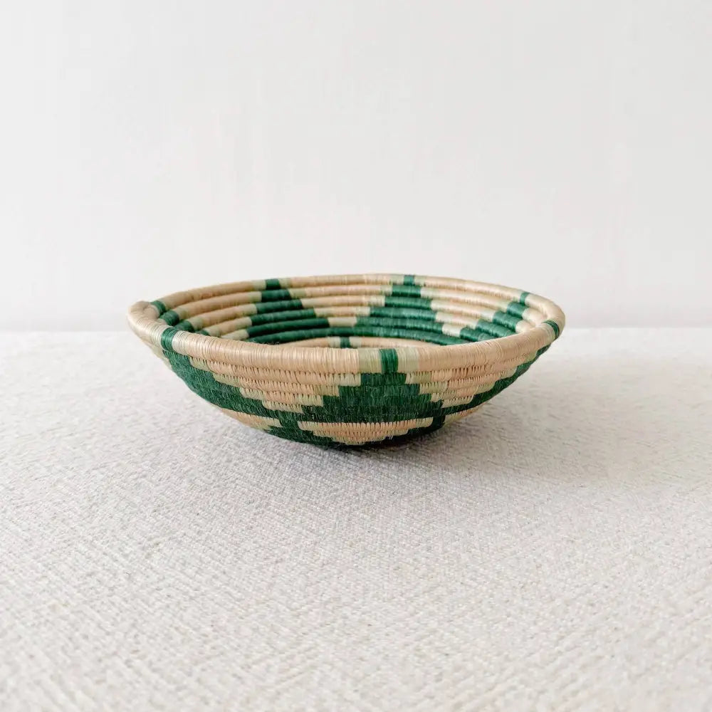Handwoven handcrafted elonga small bowl with green and beige geometric pattern eco-friendly and handmade basket