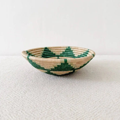 Handwoven handcrafted elonga small bowl with green and beige geometric pattern eco-friendly and handmade basket
