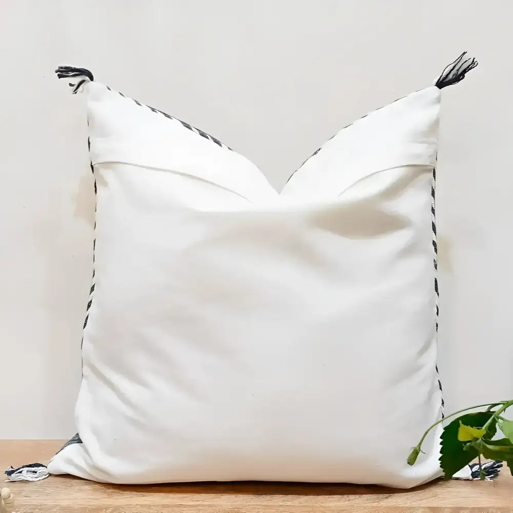 Linen pillow cover 20 inch x 20 inch in blue, with hand embroidered details in white and brown. Tassels on corners and zipper on back side.