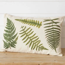 Cream-colored embroidered pillow cover with green fern design, perfect fern pillow for nature accents