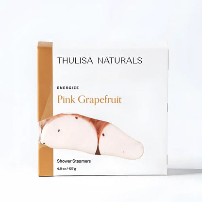 Pink grapefruit shower steamer box with natural design and gold accents, 4-pack Energize set
