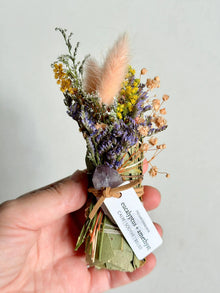 Handcrafted eucalyptus and amethyst wand with lavender and pampas