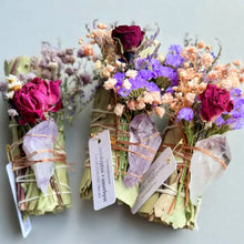 Handmade eucalyptus and amethyst smudge stick with red purple flowers