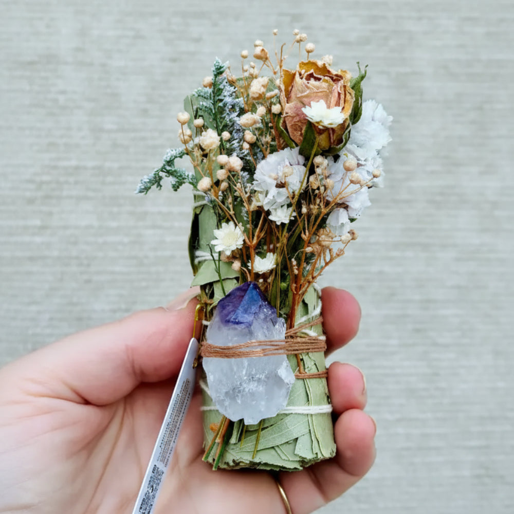 Handmade eucalyptus and amethyst wand with sage, twine, crystal and flowers