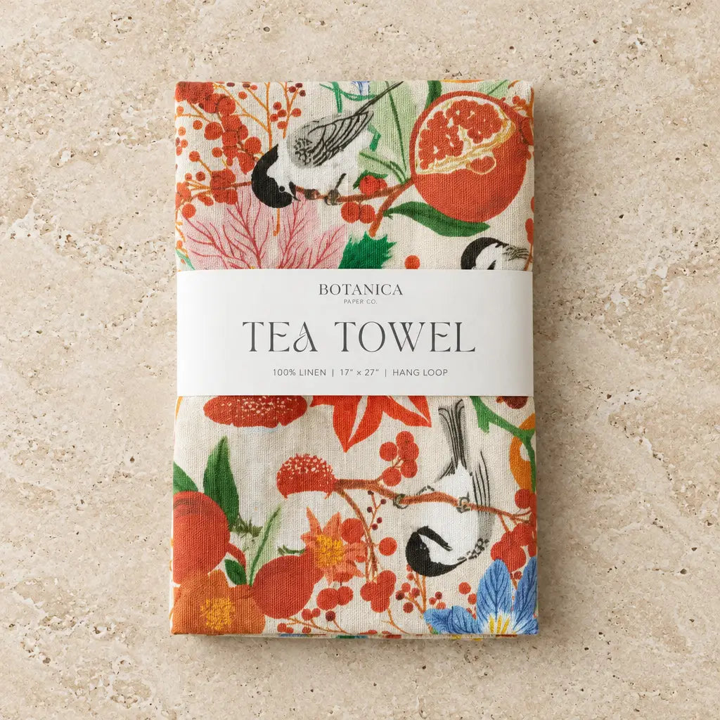 Botanica paper co european linen tea towel with cheerful chickadees floral design in soft pastel colors
