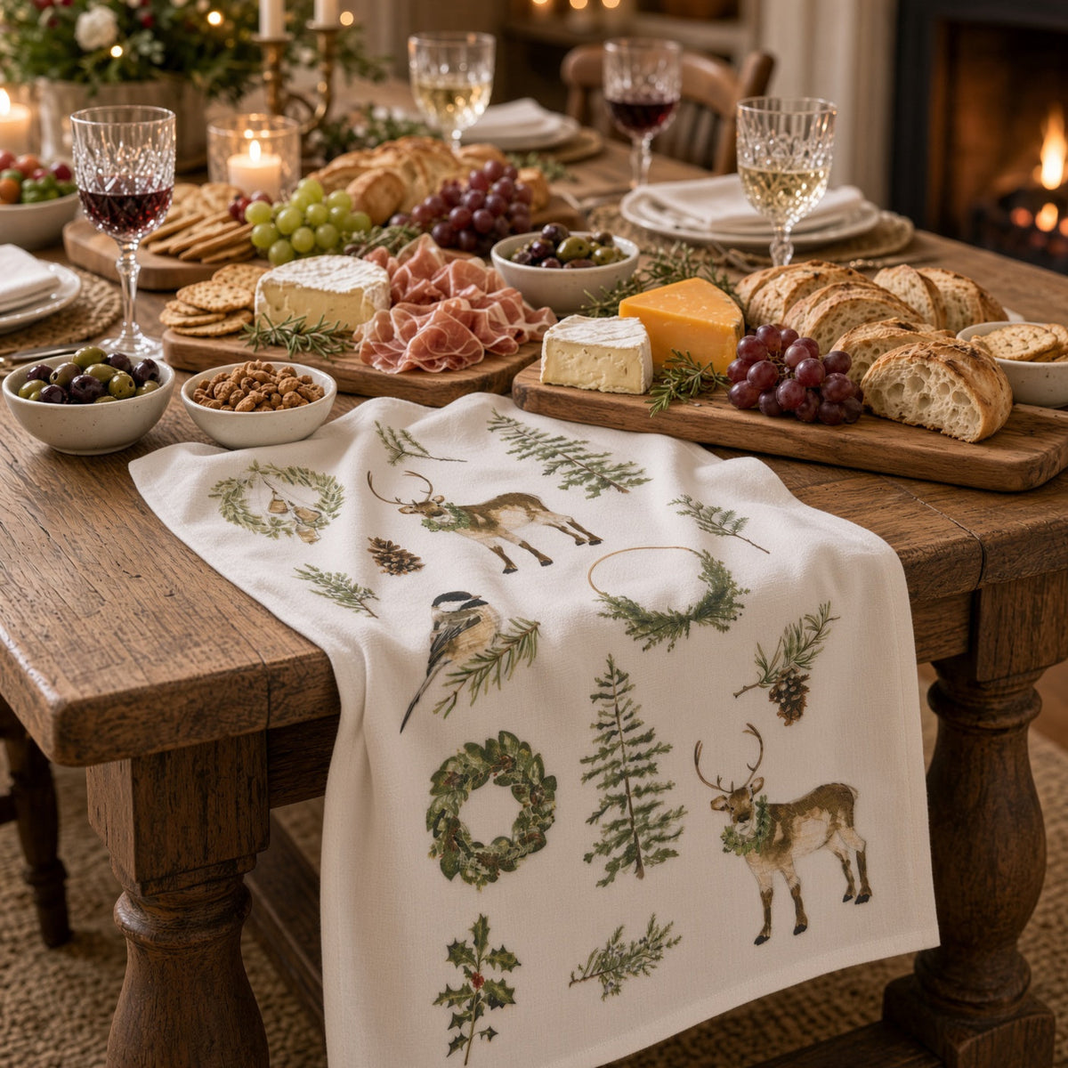 White linen cotton flour sack tea towel with embroidered woodland reindeer birds wreaths and pine branches in green and brown