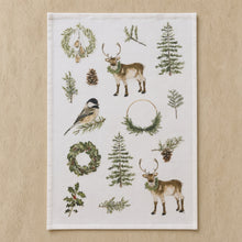 Evergreen cotton flour sack tea towel with white linen festive woodland design featuring reindeer and pine trees