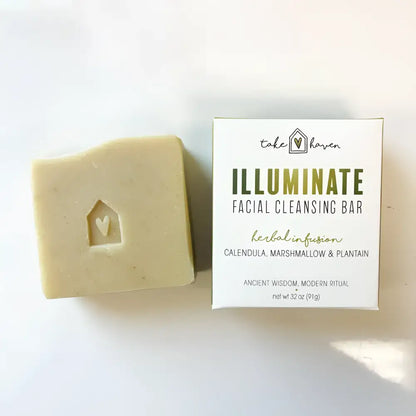 A pale green facial cleansing bar shaped like a house with a heart detail perfect for easily irritated skin using ayurvedic science