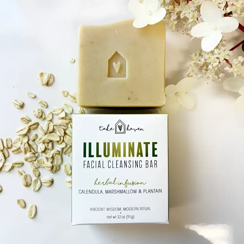 A pale beige facial cleansing bar with a heart design shaped like a house perfect for easily irritated skin using ayurvedic science and western herbalism