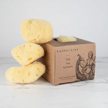 Two handmade eco-friendly silk sponges in gift box, pale yellow and porous