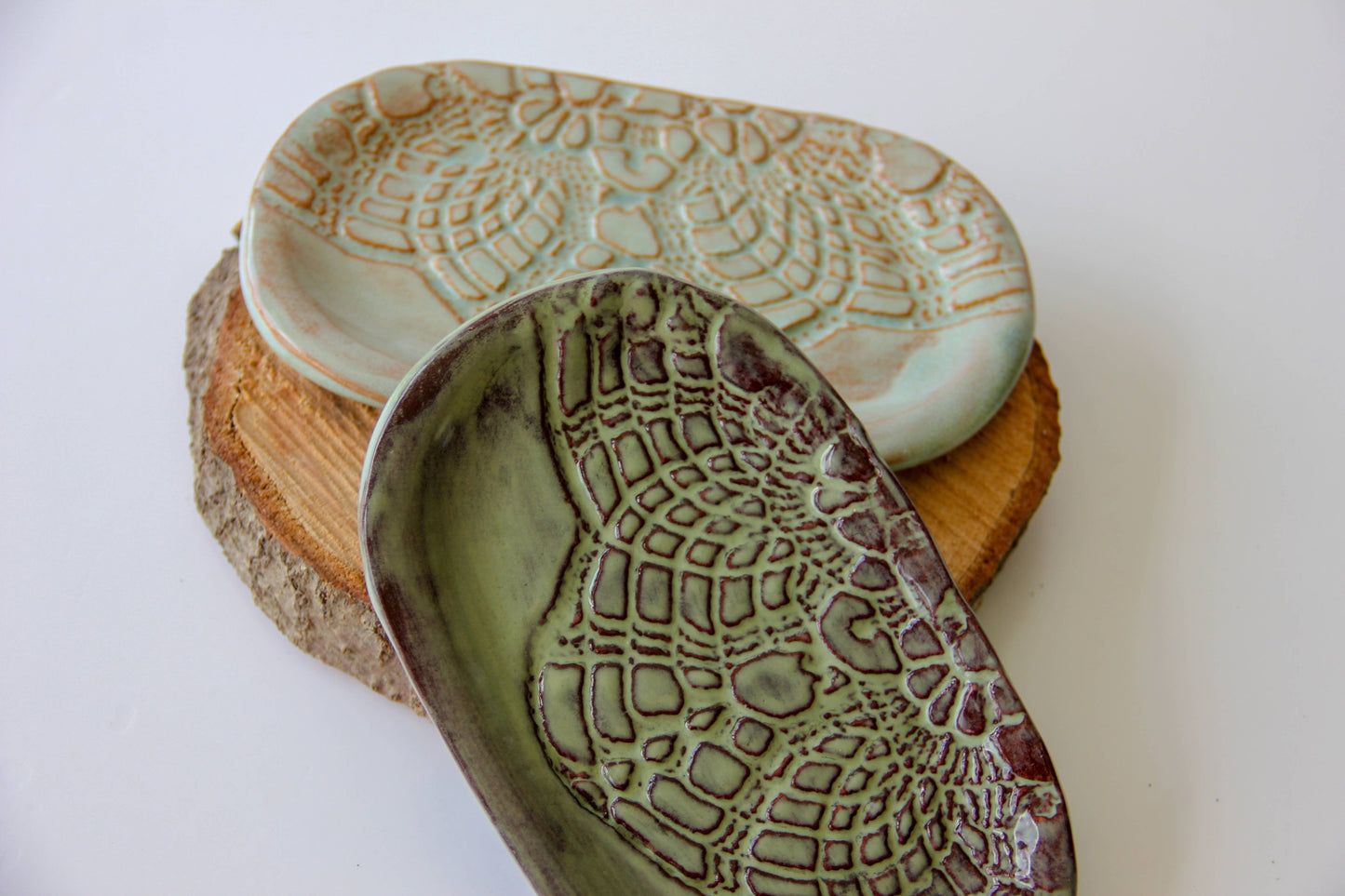 Handcrafted Stoneware Dish with Lace Pattern