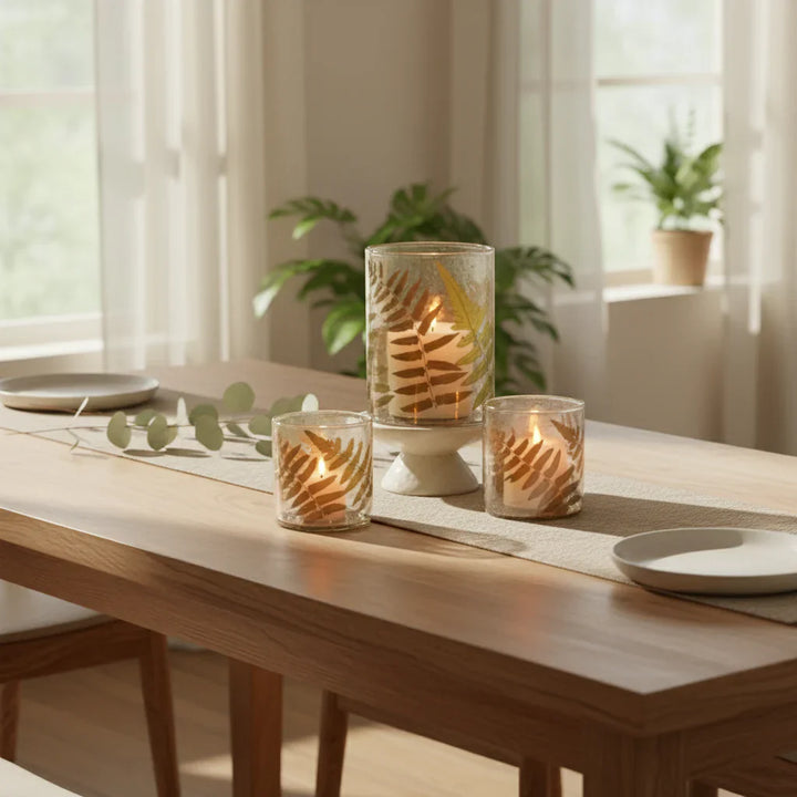 Fern glass hurricane candle holders with fern pattern glowing candles display style and ambiance
