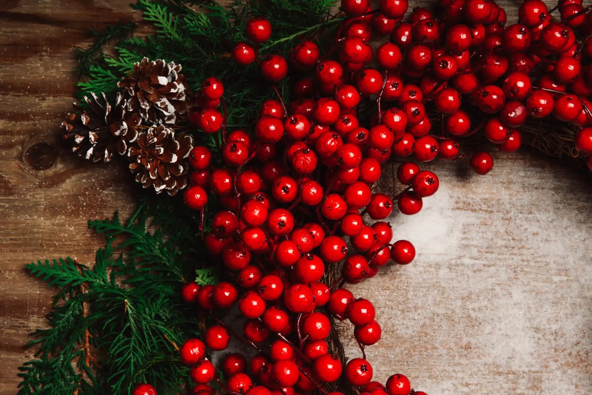 A festive Christmas wreath adorned with red berries and pinecones.