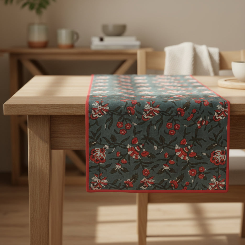 Dark teal organic cotton table runner with red and white floral print and fair trade vibe
