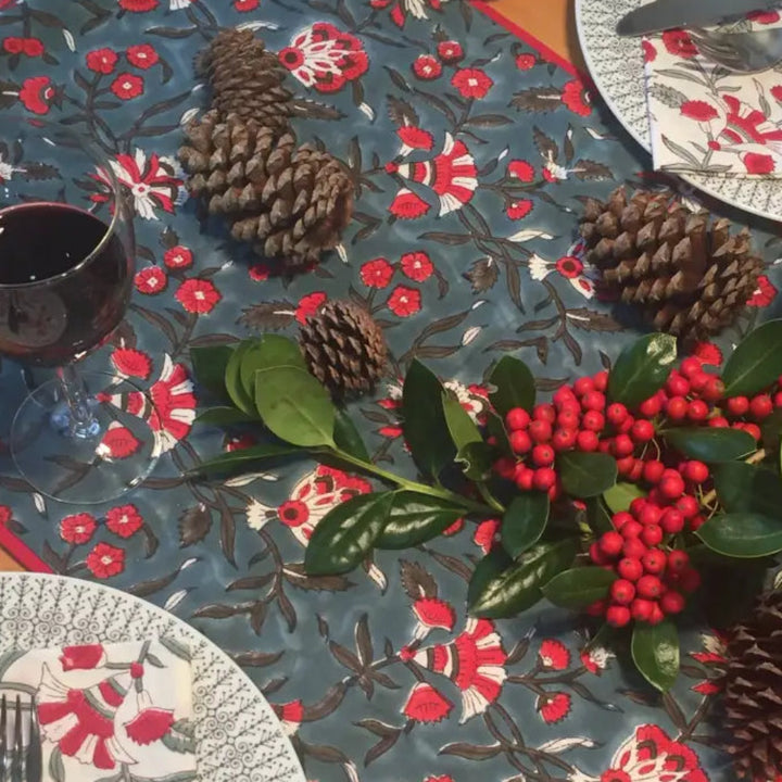 Festive hand block table runner with organic cotton, fair trade floral pattern, pinecones