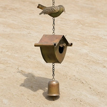 Flamed metal birdhouse wind chime with brass finish small bell and chain links unique metal decor piece