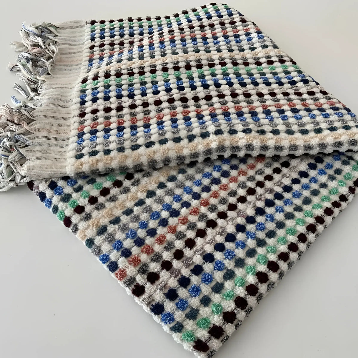 Soft Flamingo Dotted Turkish Bath Towel with colorful checkered pattern and tasseled fringe