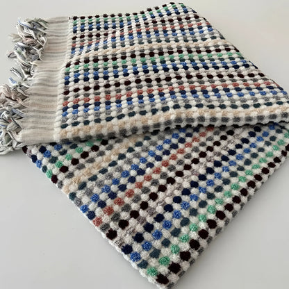 Soft Flamingo Dotted Turkish Bath Towel with colorful checkered pattern and tasseled fringe