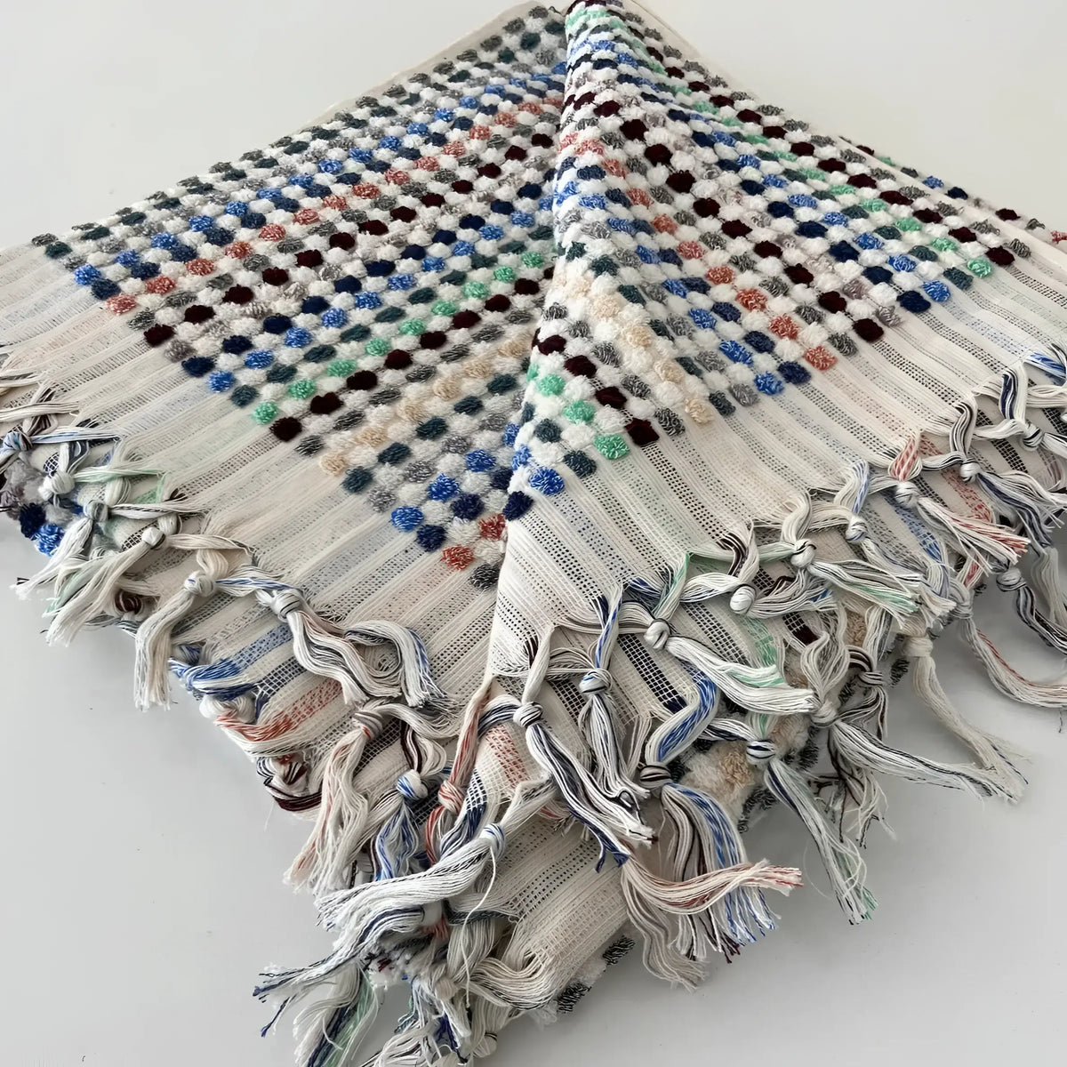 Folded Flamingo Dotted Turkish Bath Towel with colorful raised dots and fringed edges