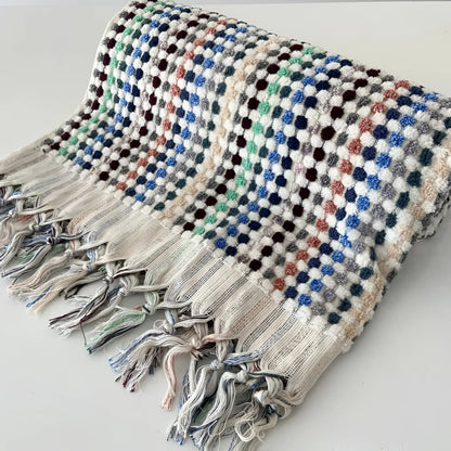 Colorful flamingo dotted Turkish bath towel with tasseled fringe and pom pom details